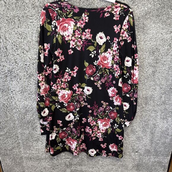 Karen Kane Black Floral Dress Long Sleeve Medium Scoop Neck Pink Purple Flowers - Picture 8 of 10